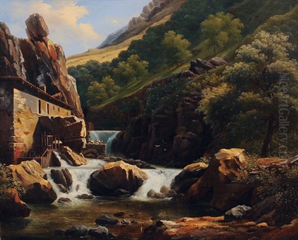 Waterfall In Thiers Oil Painting by Alexandre Francois Loisel