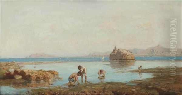 Children Fishing In The Bay Of Palermo, Sicily Oil Painting by Francesco (Luigi) Lojacono