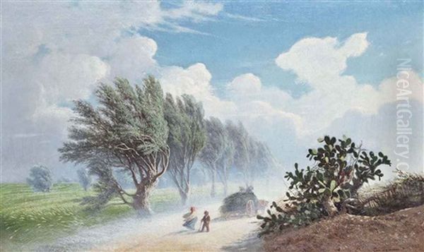 Travellers Caught In The Wind On A Dusty Track Oil Painting by Francesco (Luigi) Lojacono