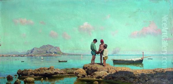 Enfants Pechant Dans La Baie De Palerme, Au Loin, Le Mont Pellegrino Oil Painting by Francesco (Luigi) Lojacono