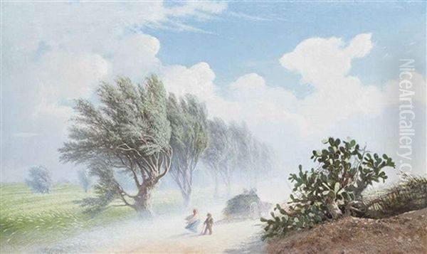 Travellers Caught In The Wind On A Dusty Track Oil Painting by Francesco (Luigi) Lojacono