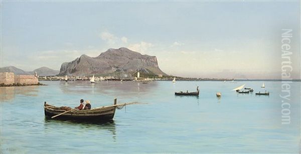 Fishermen Before The Monte Pellegrino In Palermo, Sicily Oil Painting by Francesco (Luigi) Lojacono