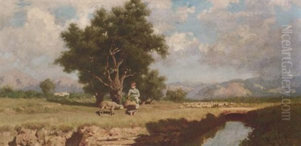 The Country Girl And The Lamb Oil Painting by Francesco (Luigi) Lojacono