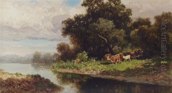 A Herd Of Cattle By A River Oil Painting by Francesco (Luigi) Lojacono