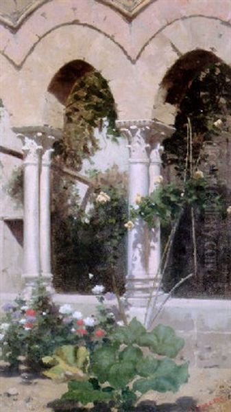 A Corner Of The Courtyard Oil Painting by Francesco (Luigi) Lojacono