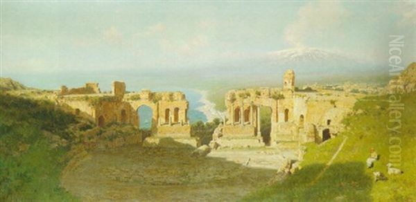 A View Of Taormina With Etna In The Background Oil Painting by Francesco (Luigi) Lojacono