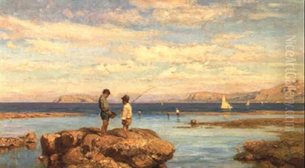 Pesca Sugli Scogli Con Veduta Sullo Sfondo Del Monte Pellegrino Oil Painting by Francesco (Luigi) Lojacono