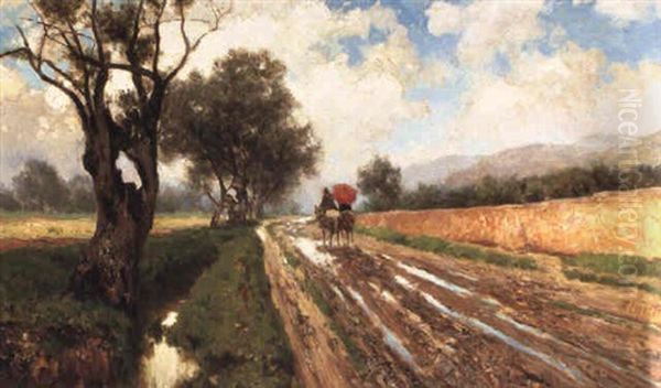 Figures On A Country Lane Oil Painting by Francesco (Luigi) Lojacono