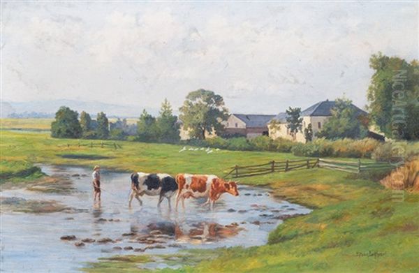 Cows And Herder At The Ford Oil Painting by Dirk Peter Van Lokhorst