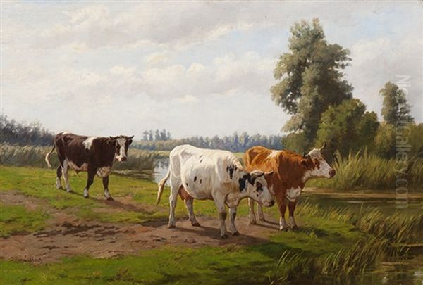 Cows And A Bull By The Water's Edge Oil Painting by Dirk Peter Van Lokhorst