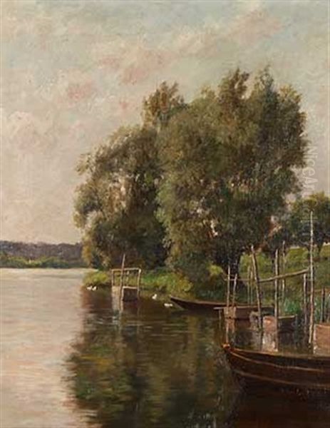 Sommerliche Flussbiegung Mit Anlegern Oil Painting by Dirk Peter Van Lokhorst