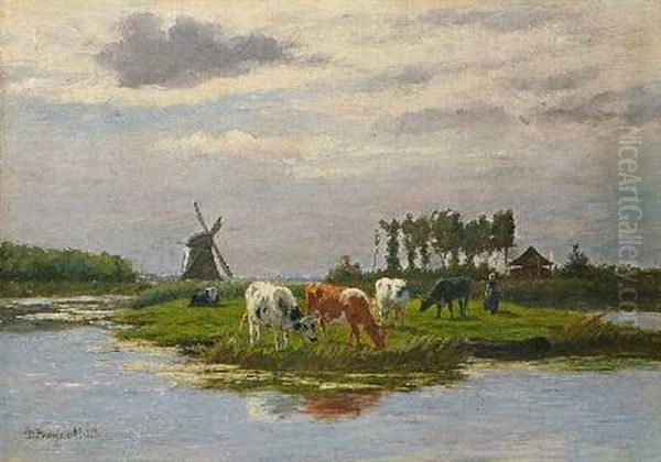 Hollandische Landschaft Mit Windmuhle Und Kuhen Am Wasser Oil Painting by Dirk Peter Van Lokhorst