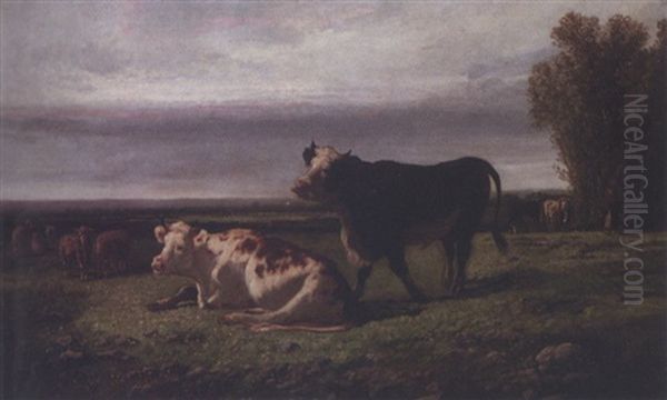 A Bull And Cow In A Pasture Oil Painting by Dirk Peter Van Lokhorst