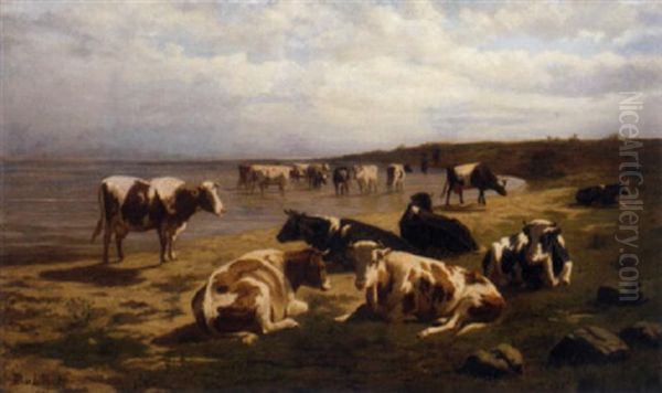 Cattle On The Water's Edge Oil Painting by Dirk Peter Van Lokhorst