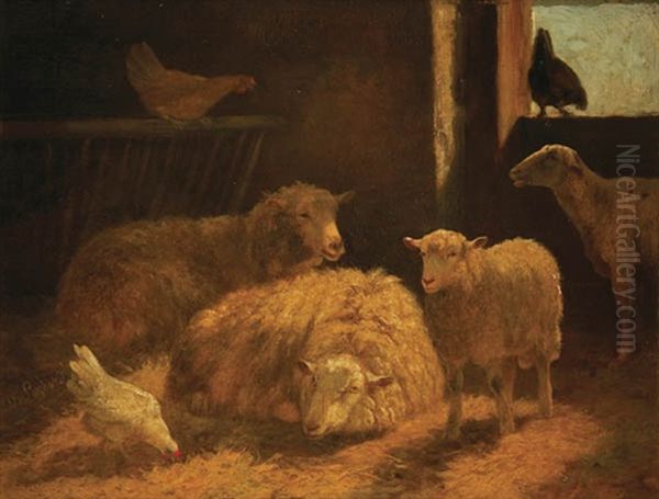 Sheep And Chickens In Stable Oil Painting by Dirk Van Lokhorst