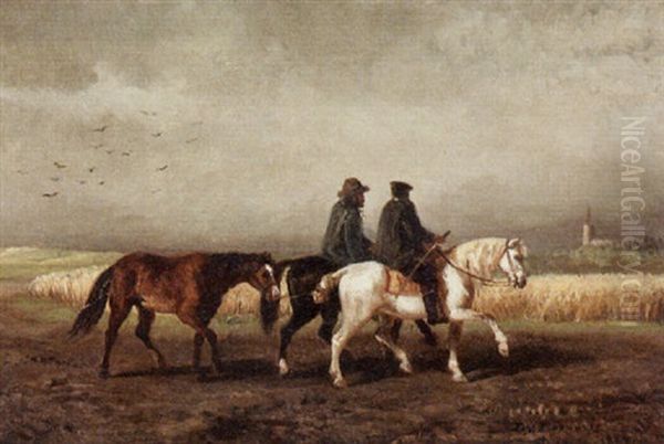 Horse Riders On A Field Oil Painting by Dirk Van Lokhorst