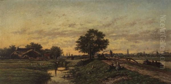 L'arrivee Des Tourbes A La Proche Du Soir Au Bord Du Canal Le Vecht Oil Painting by Johan Nicolaas Van Lokhorst