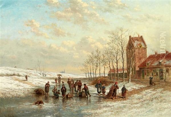 Village Sous La Neige Oil Painting by Johan Nicolaas Van Lokhorst