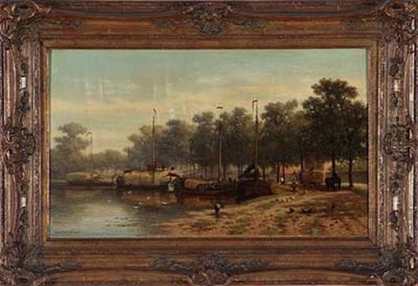 Frachtschiffe Am Flussufer Oil Painting by Johan Nicolaas Van Lokhorst