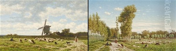 Landschappen Met Schaapherder (pair) Oil Painting by Johan Nicolaas Van Lokhorst