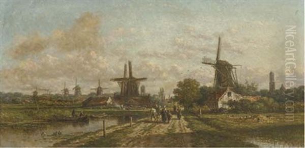 Une Route De Leide A Utrecht (aux Sept Moulins) Oil Painting by Johan Nicolaas Van Lokhorst