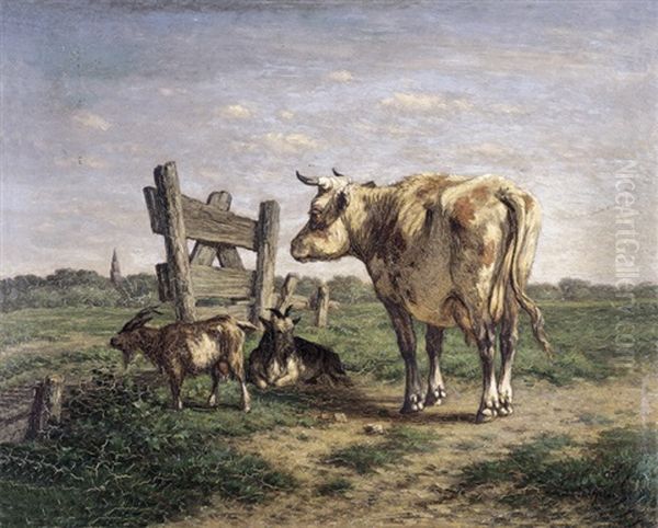 Een Koe En Twe Geiten In Een Weide Oil Painting by Johan Nicolaas Van Lokhorst