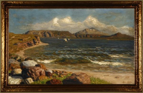 Sailboats In A Norwegian Coastal View Oil Painting by Marie Lokke