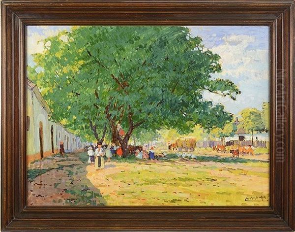 Sunny Village Square Oil Painting by Stanislav Lolek