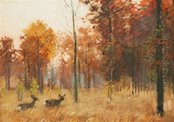 Rehe Im Wald Oil Painting by Stanislav Lolek