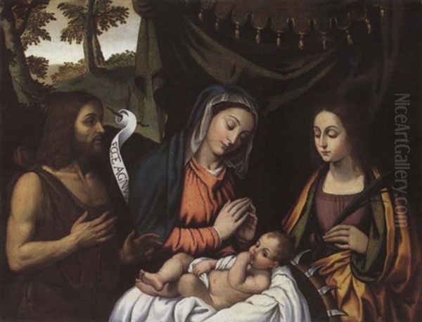 Madonna Col Bambino, I Santi Giovanni Battista E Caterina Oil Painting by Giovanni Paolo Lolmo