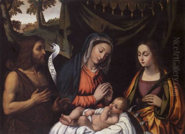 Madonna Col Bambino E I Santi Giovanni Battista E Caterina Oil Painting by Giovanni Paolo Lolmo