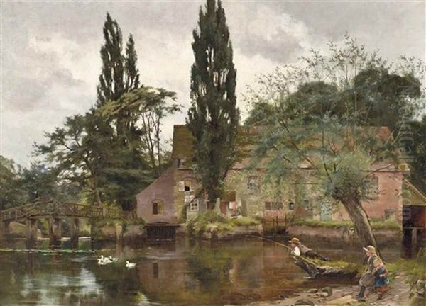 Children Fishing In The Avon Oil Painting by John Arthur Lomax