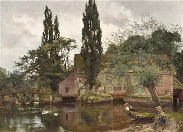 Children Fishing In The Avon Oil Painting by John Arthur Lomax