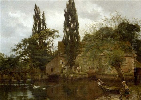 Children Fishing In The Avon Oil Painting by John Arthur Lomax