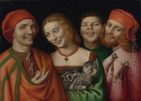 Three Men With A Woman Holding A Cat by Giovanni Paolo Lomazzo