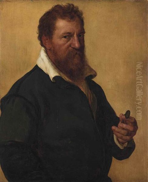 Portrait Of The Artist, Half-length, In A Black Doublet Holding Spectacles Oil Painting by Lambert Lombard