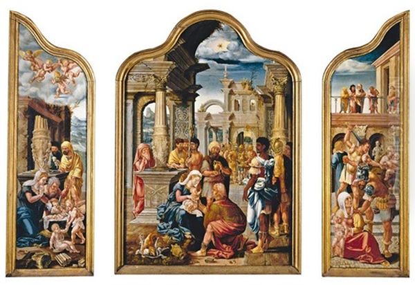 The Adoration Of The Magi; The Adoration Of The Shepherds; The Massacre Of The Innocents; The Theological Virtues (triptych With Outer Wings, Some Smaller) Oil Painting by Lambert Lombard