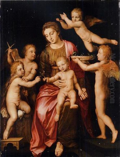 The Virgin And Child With The Infant Saint John The Baptist And Putti Oil Painting by Lambert Lombard