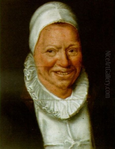 A Portrait Of A Smiling Lady, Wearing A White Bonnet Oil Painting by Lambert Lombard