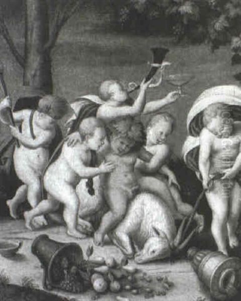 The Infant Bacchus Riding A Goat Heralded And Supported By Putti Oil Painting by Lambert Lombard