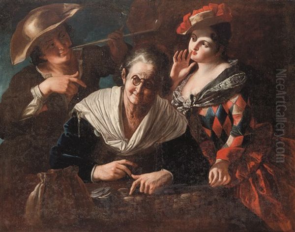 Giovane Coppia Con Vecchia Che Conta Danaro Oil Painting by Giovanni Domenico Lombardi