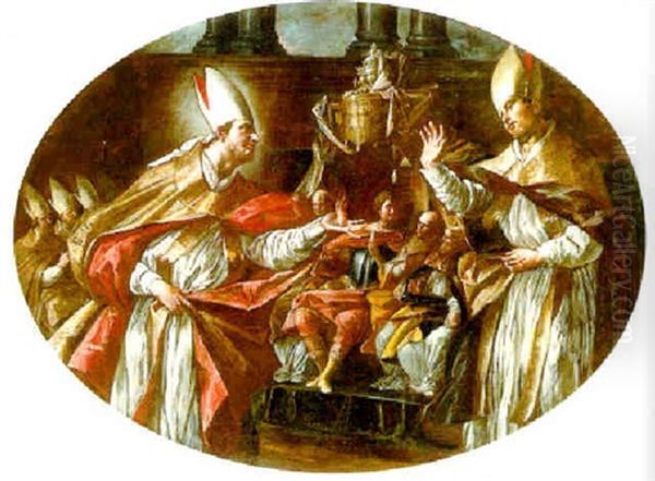 Saints Augustine And Anthony Of Padua In Discourse Before Members Of The Franciscan Order Oil Painting by Giovanni Domenico Lombardi