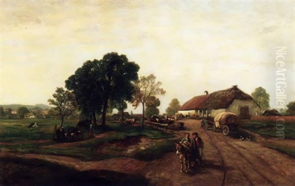 Viehmarkt In Weiter, Heller Dorflandschaft Oil Painting by Wilhelm Lommen