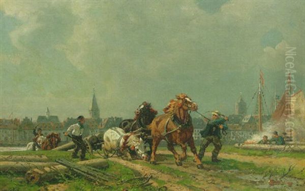 Horses Pulling A Heavy Load On A Sandy Road With Dusseldorf Beyond Oil Painting by Wilhelm Lommen