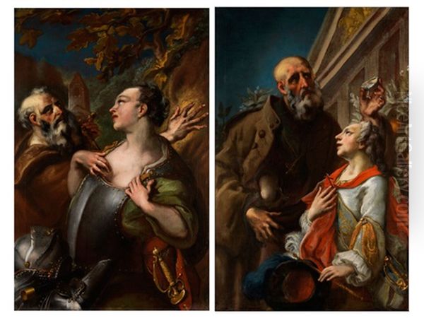 Der Heilige Antonius Tauft Die Heilige Barbara (+ Die Heilige Johanna Von Arco Mit Dem Heiligen Simon Stock Prior Des Karmeliterordens; Pair) Oil Painting by Giuseppe Lonardi