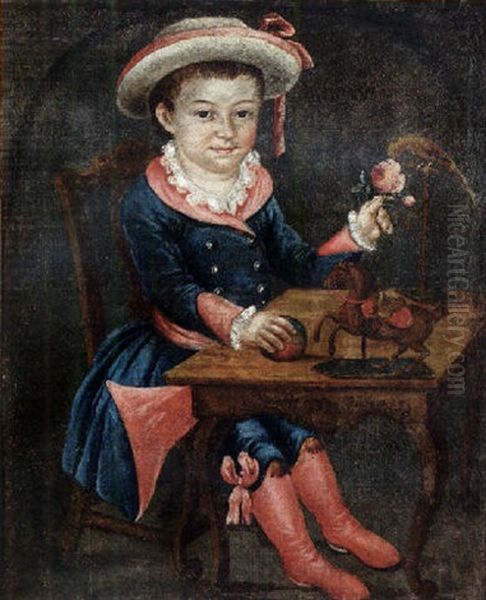 Portrait Of A Young Boy (carl Christian Friedrich Zinsch?) Wearing A Red Lined Blue Costume And Hat, Holding A Rose Oil Painting by Johann Christian Gottfried (Lonkewitz) Lonckewitz