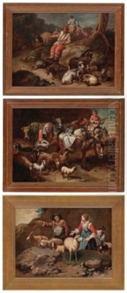 Shepherds With Their Grazing Sheep; Shepherds Resting With Their Flock; And Peasants Travelling With Donkeys And Sheep (3) Oil Painting by Francesco Londonio