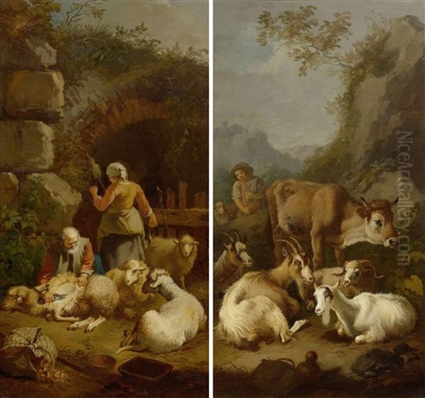 Pair Of Works: Sheep Shearing And Young Herdsman With Goat And Oxen Oil Painting by Francesco Londonio