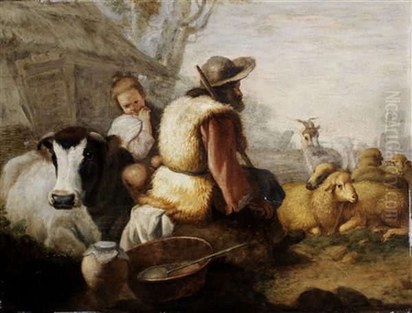 Drovers Resting With Their Flock; And Peasants Grazing Cattle (2 Works) Oil Painting by Francesco Londonio