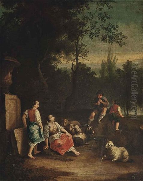 An Wooded Landscape With A Shepherd And His Flock Conversing By A Stone Urn Oil Painting by Francesco Londonio